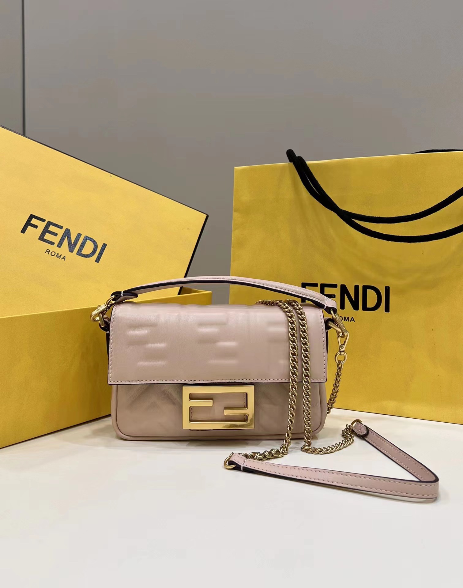 Fendi Mini Baguette Nappa Leather 3D-effect FF Shoulder Bag Shrimp Pink